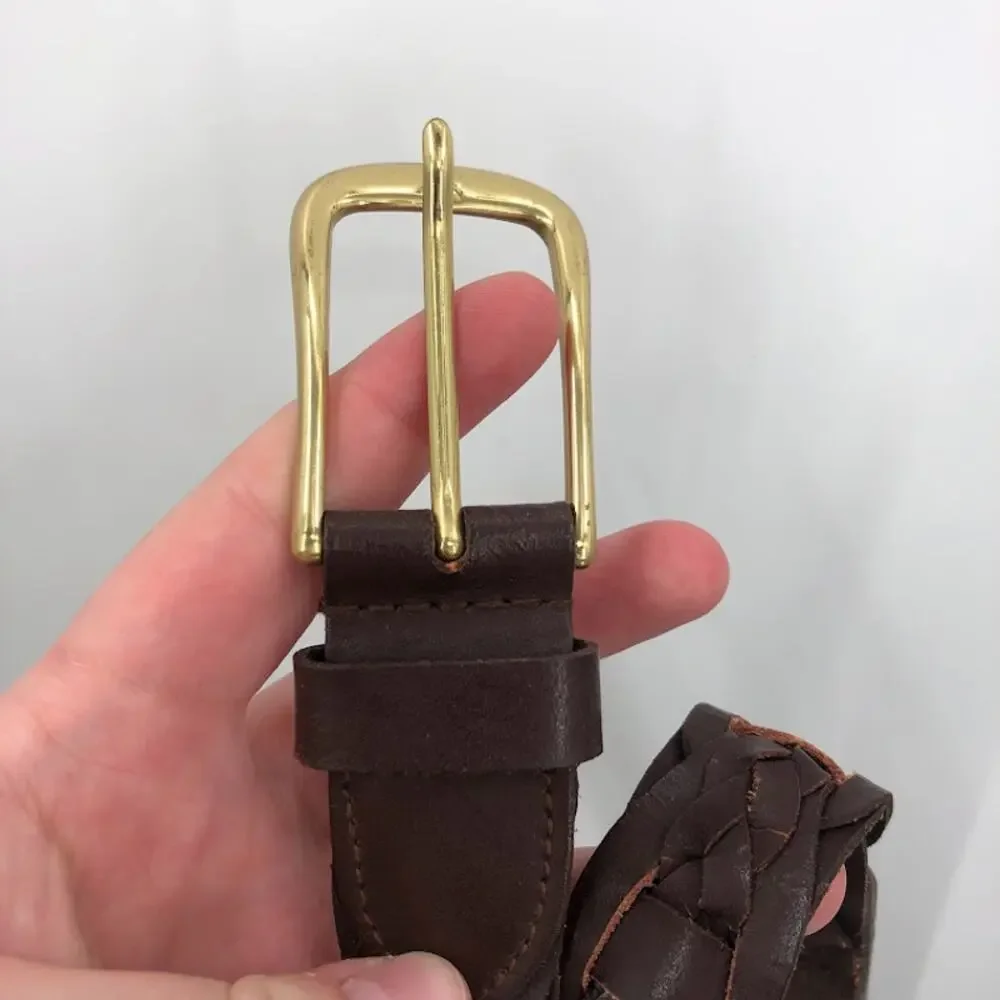 Women's chocolate brown Large woven Braided Genuine Leather Belt brass buckle